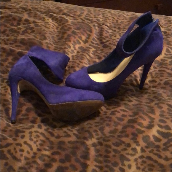 blue suede heels with ankle strap